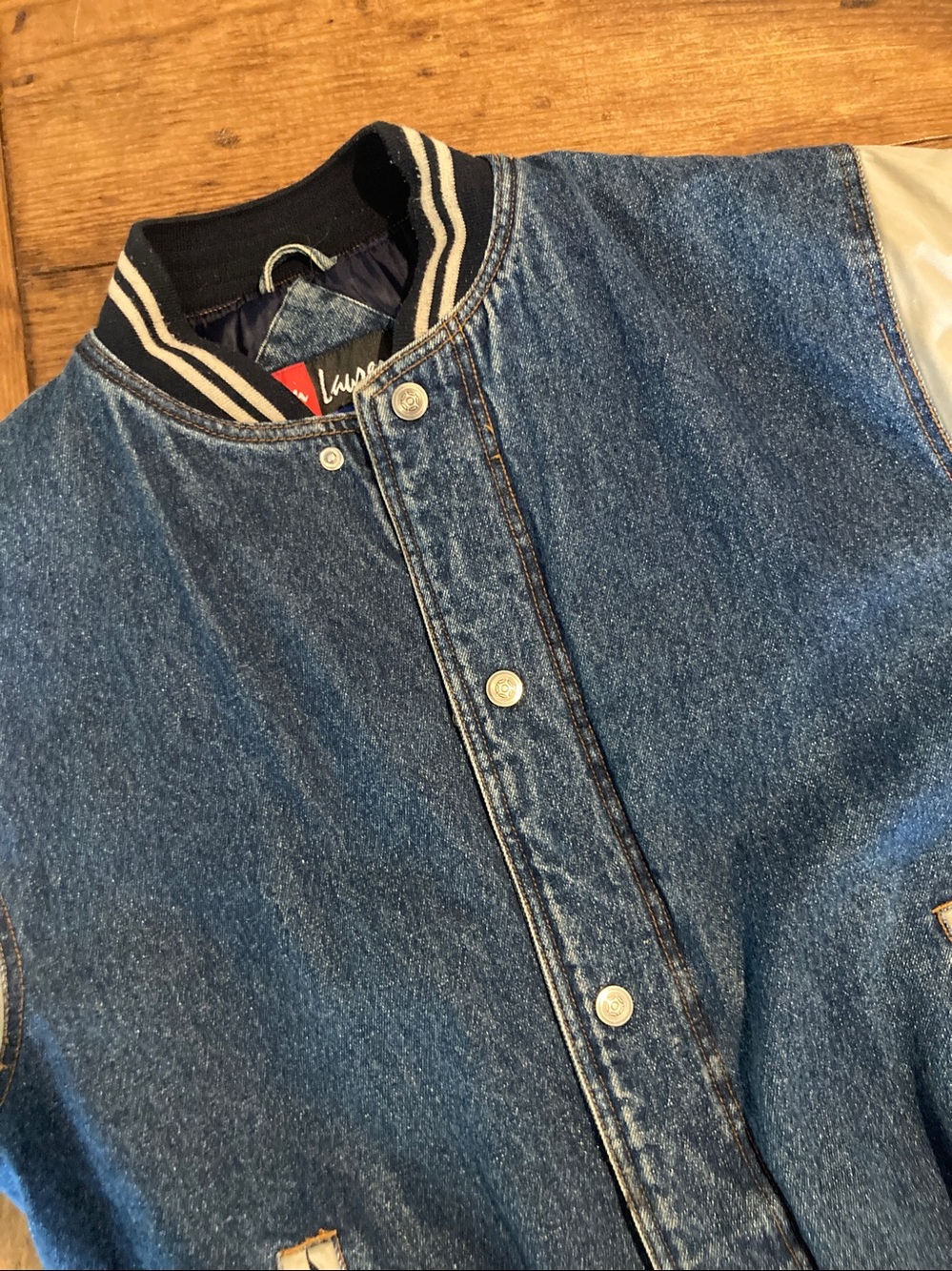 Vintage Blue Denim Bomber Jacket with Tan Sleeves - Picture 11 of 14